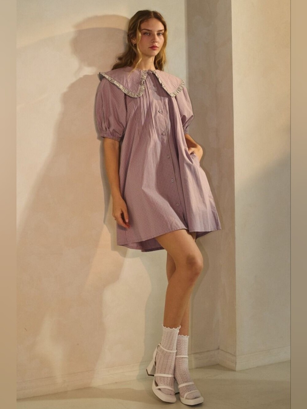 Retro Mod Lavender Checked Button-Front Mini Dress with Ruffled Collar - Picture 3 of 7
